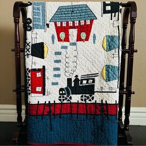 "Local Loco" in Old Blue-White-Crimson Crib Quilt 42" x 53"